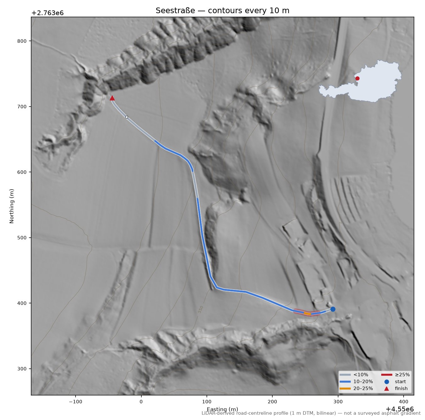 Seestraße LiDAR hillshade map with contours