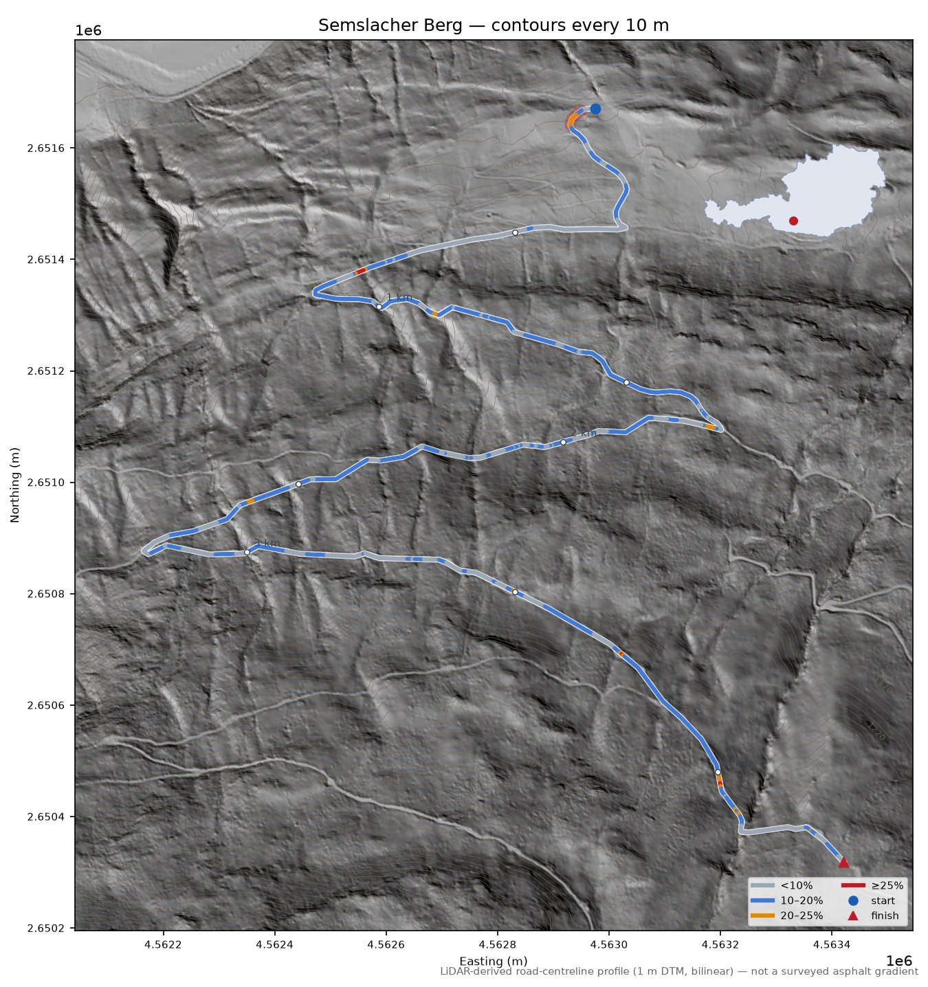Semslacher Berg LiDAR hillshade map with contours