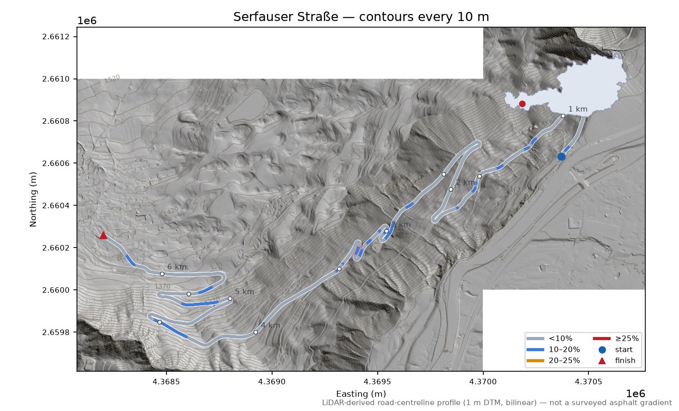 Serfauser Straße LiDAR hillshade map with contours
