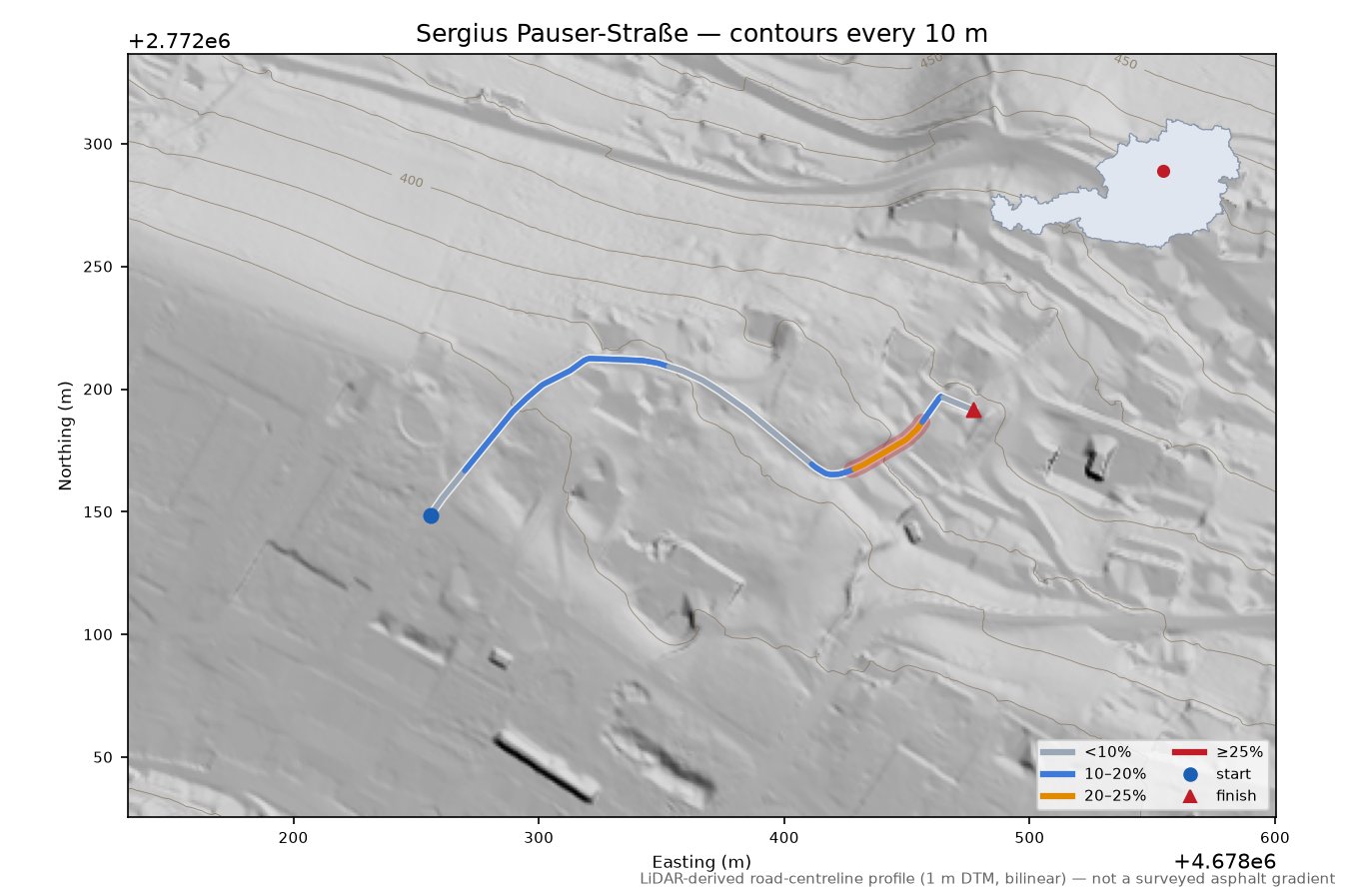 Sergius Pauser-Straße LiDAR hillshade map with contours
