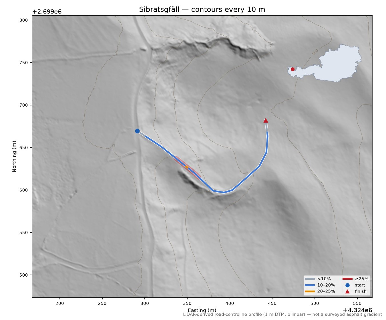 Sibratsgfäll LiDAR hillshade map with contours