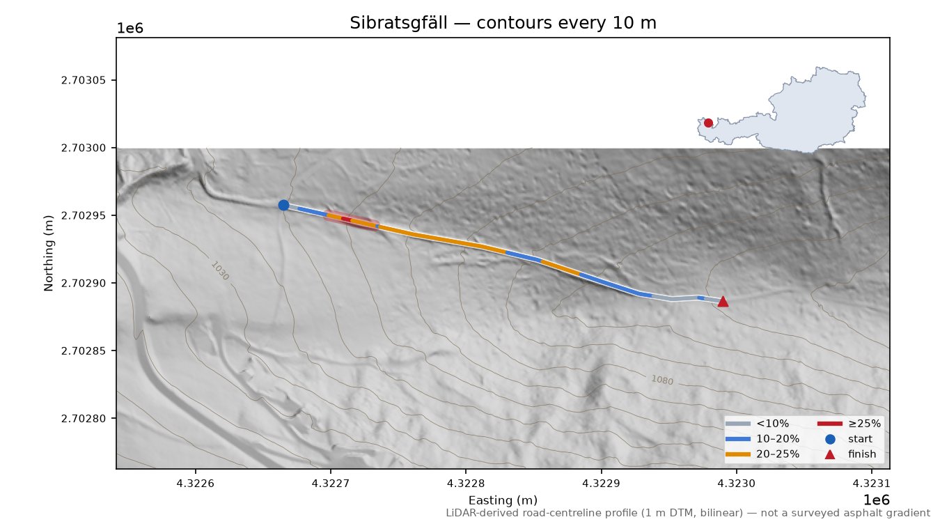Sibratsgfäll LiDAR hillshade map with contours
