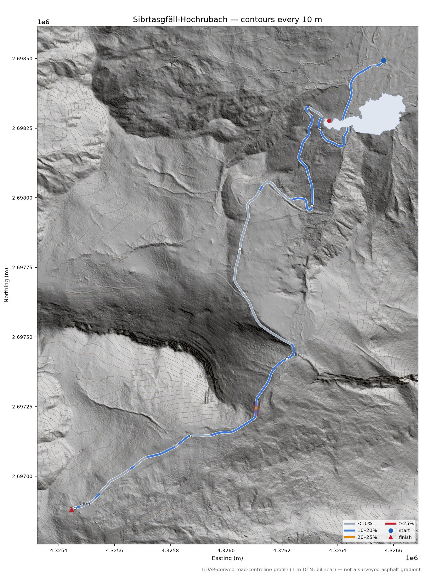 Sibrtasgfäll-Hochrubach LiDAR hillshade map with contours