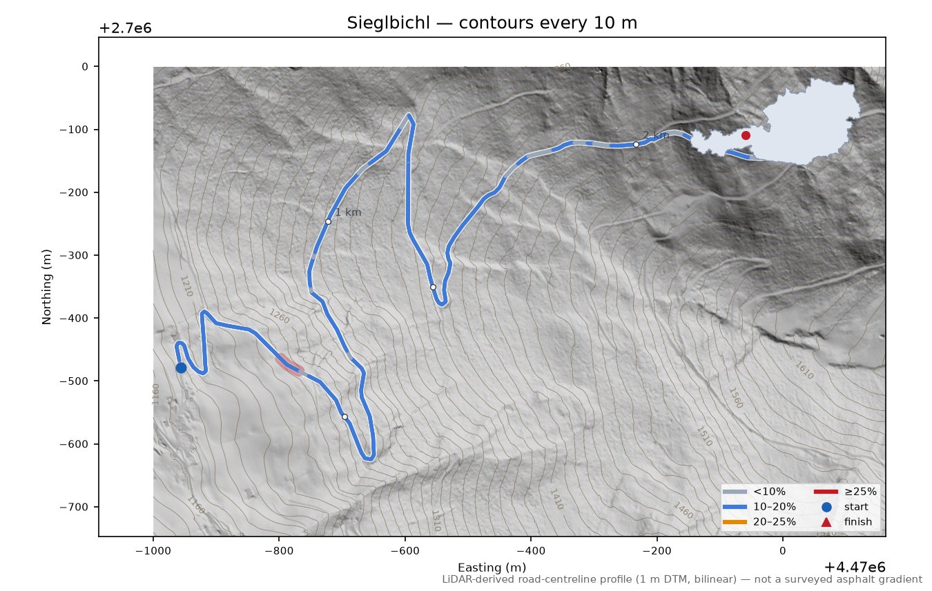 Sieglbichl LiDAR hillshade map with contours