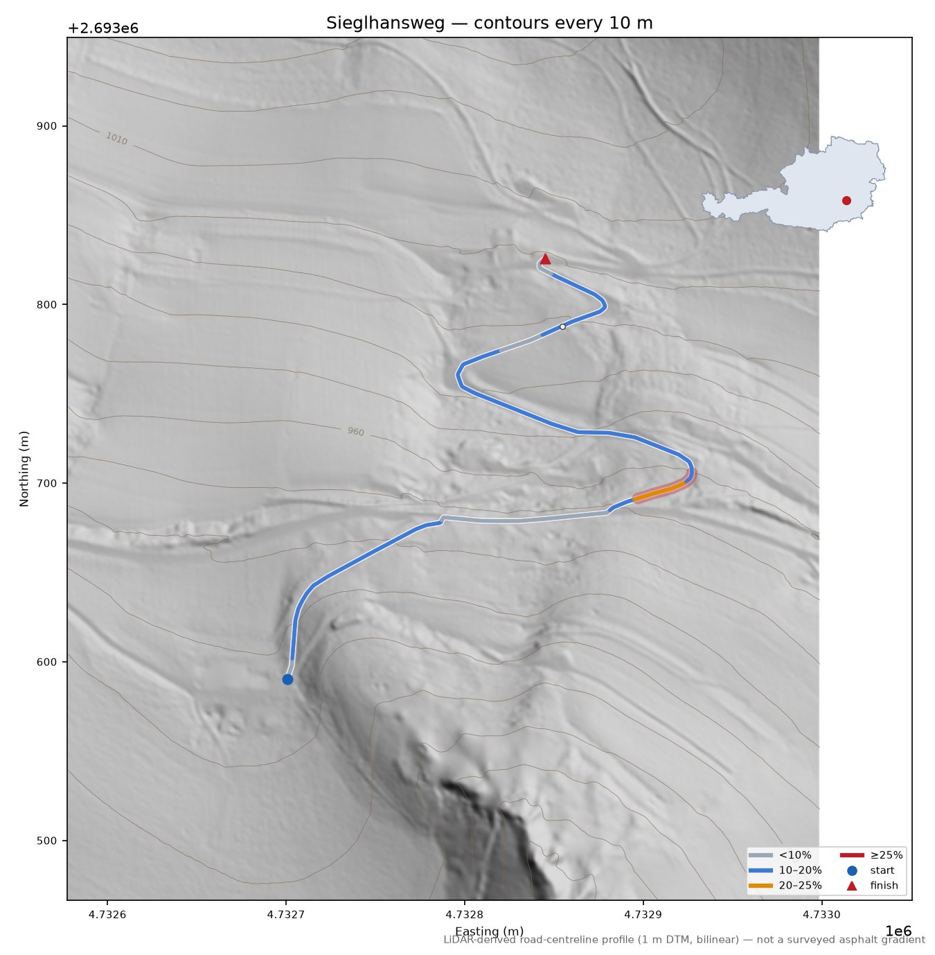 Sieglhansweg LiDAR hillshade map with contours