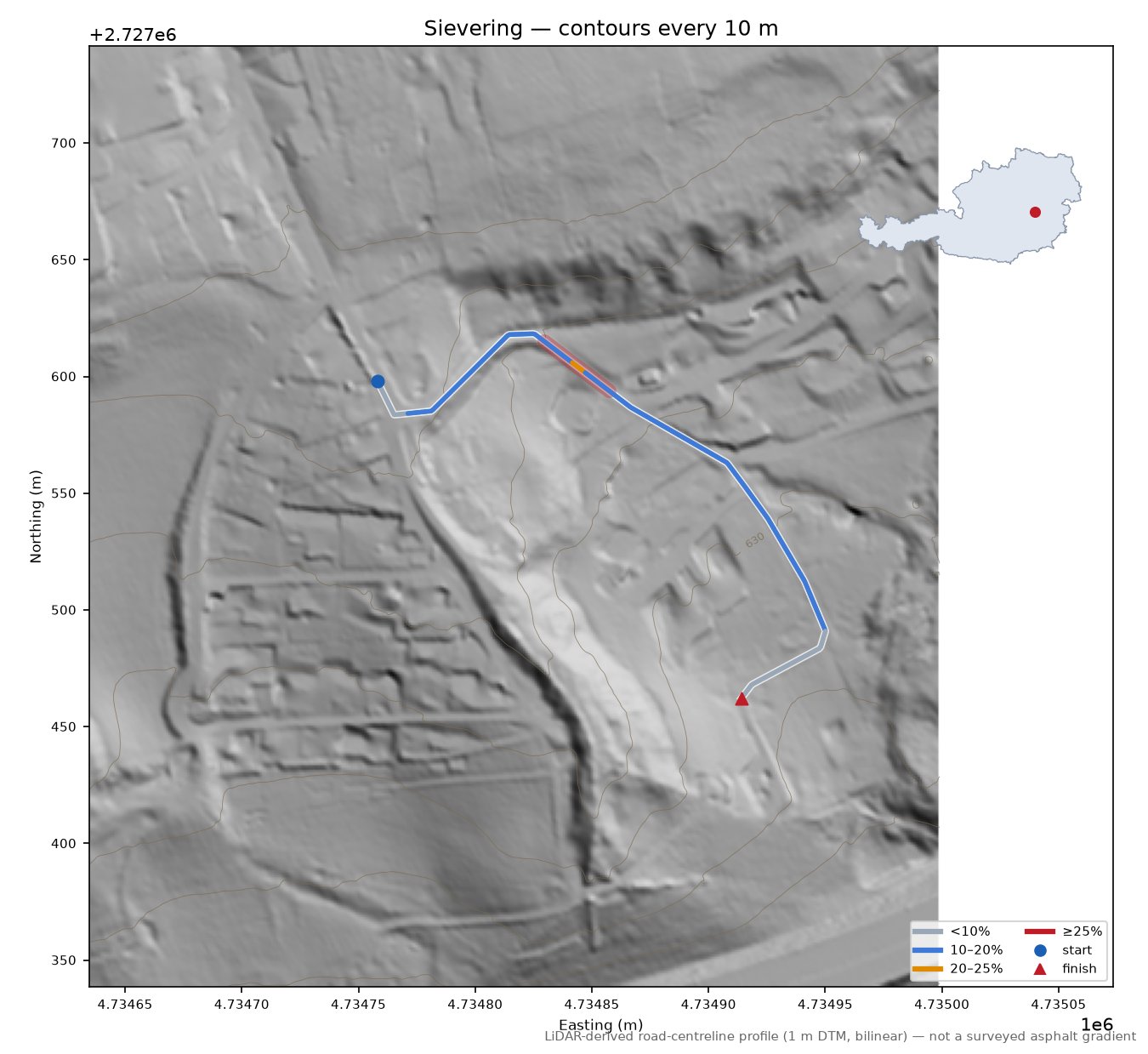 Sievering LiDAR hillshade map with contours