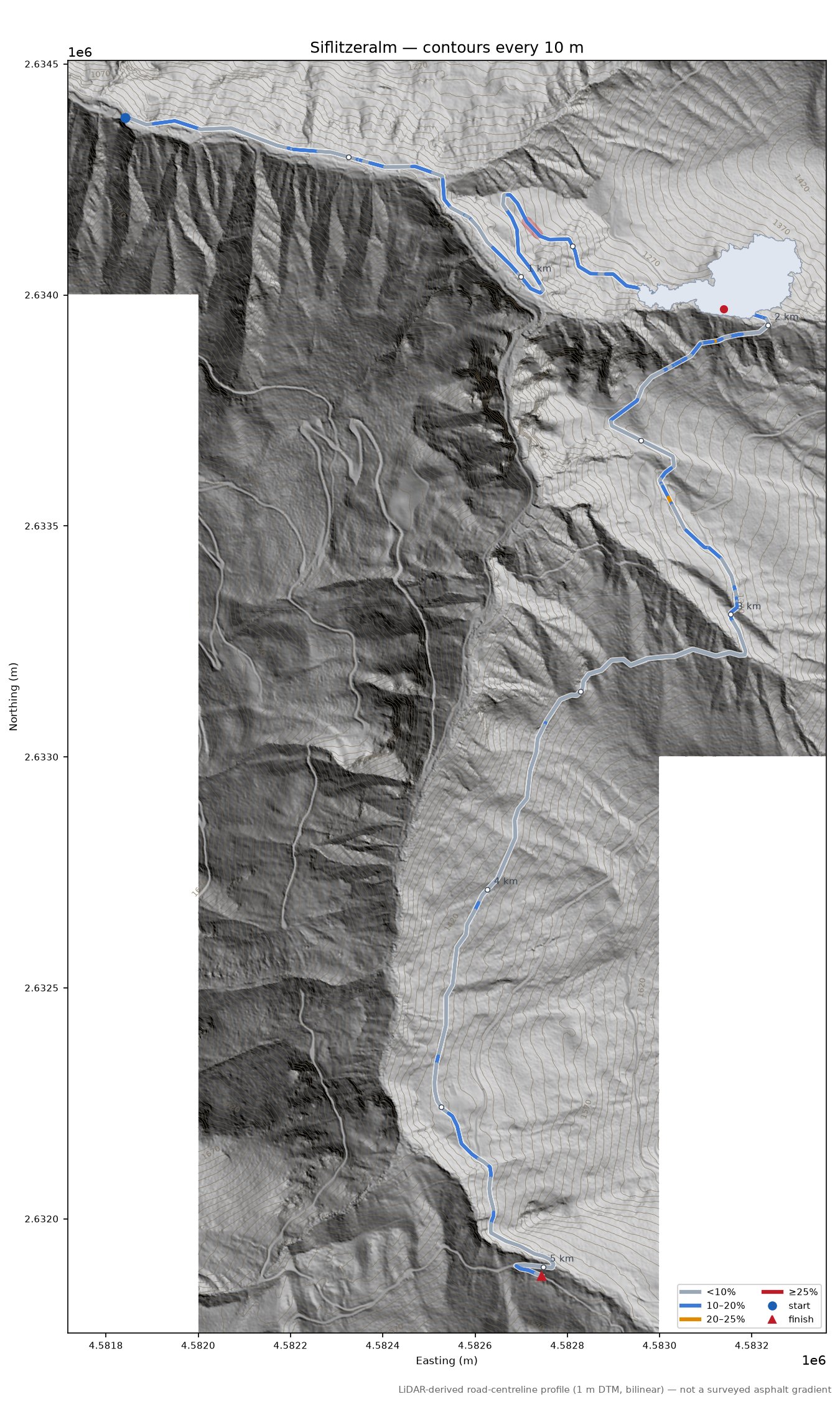 Siflitzeralm LiDAR hillshade map with contours
