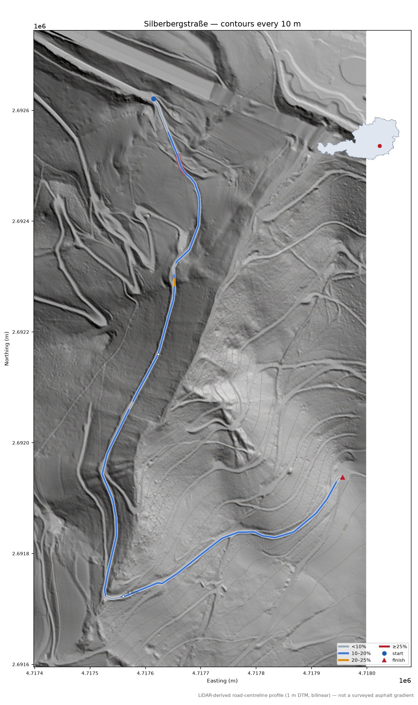 Silberbergstraße LiDAR hillshade map with contours