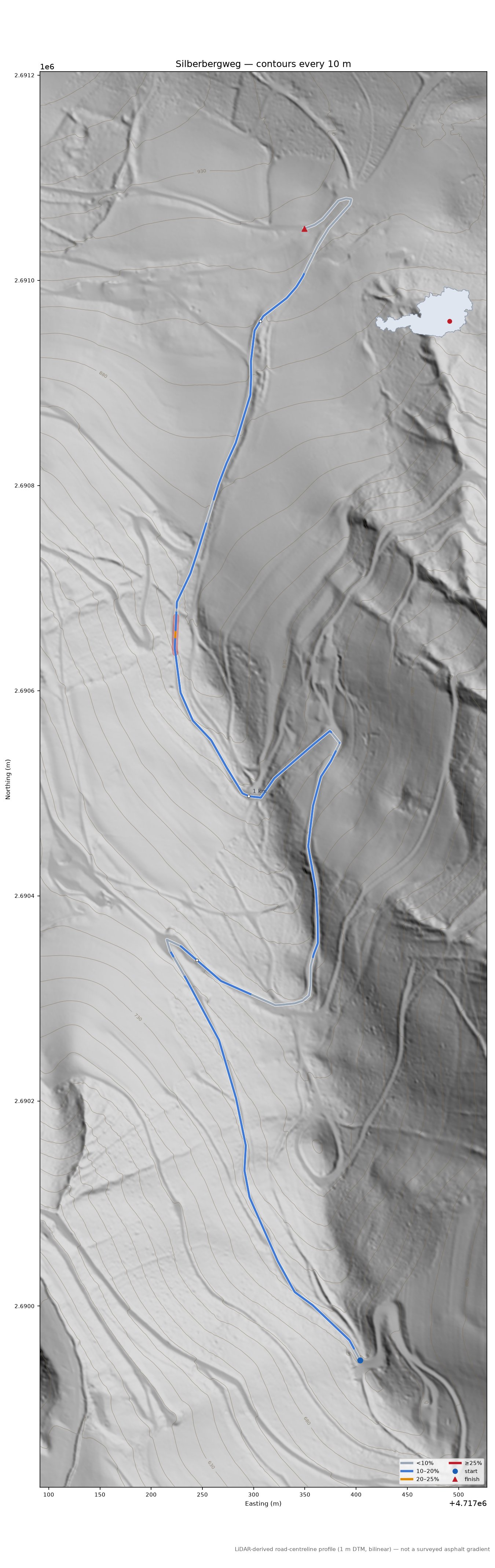 Silberbergweg LiDAR hillshade map with contours