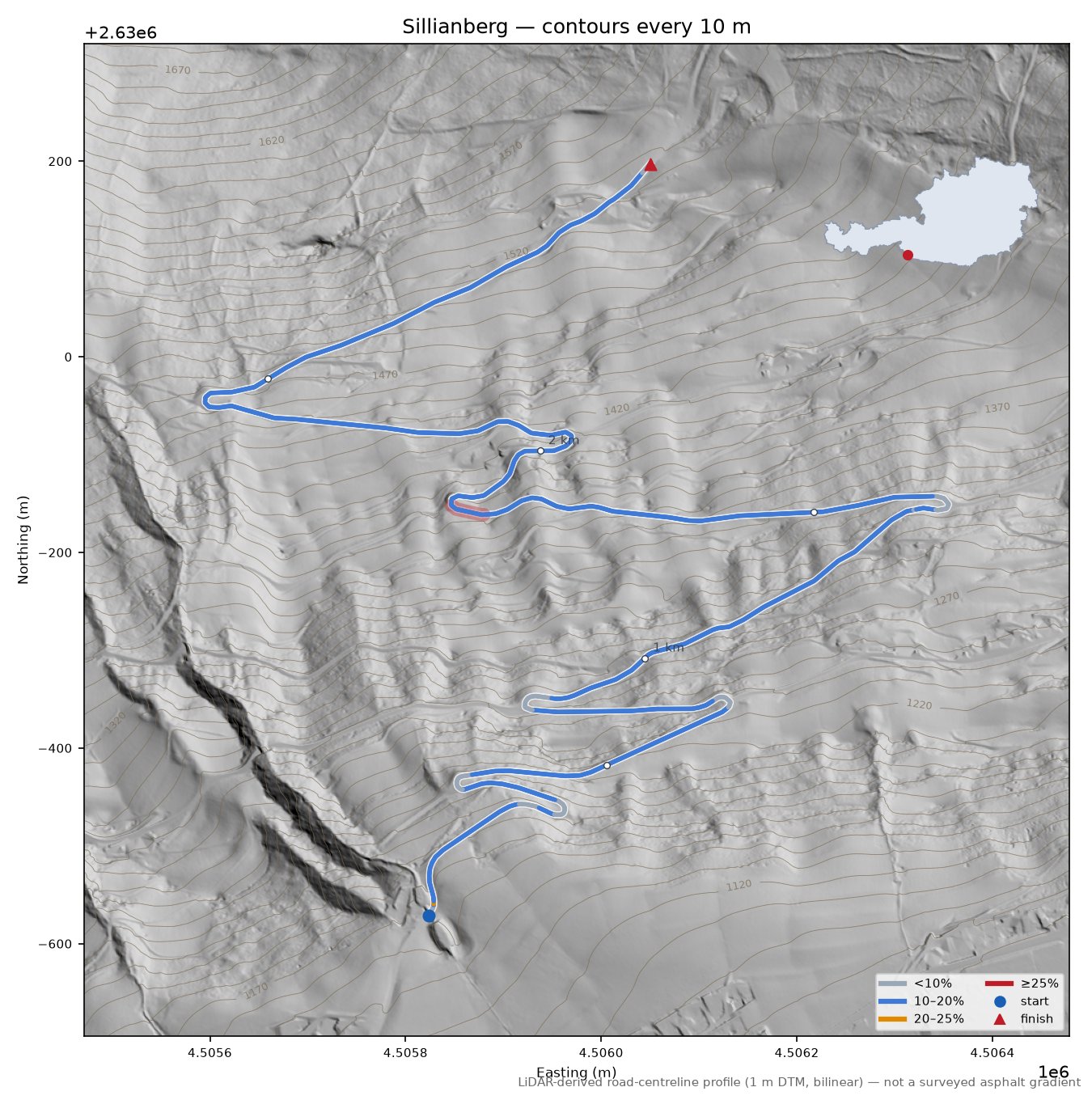 Sillianberg LiDAR hillshade map with contours