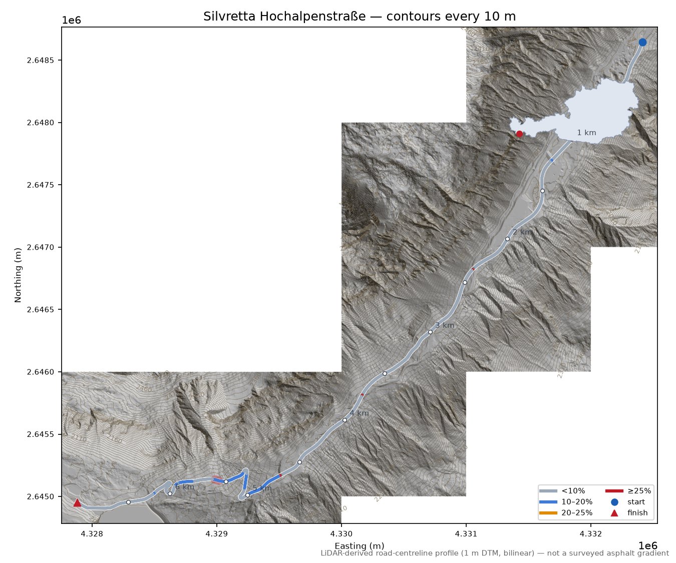 Silvretta Hochalpenstraße (east side) LiDAR hillshade map with contours