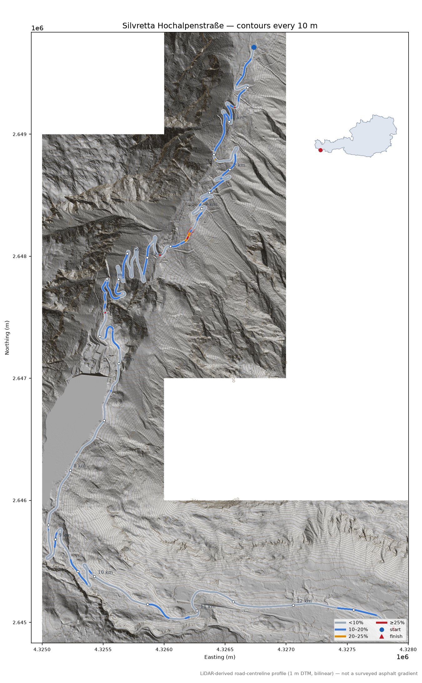 Silvretta Hochalpenstraße (west side) LiDAR hillshade map with contours