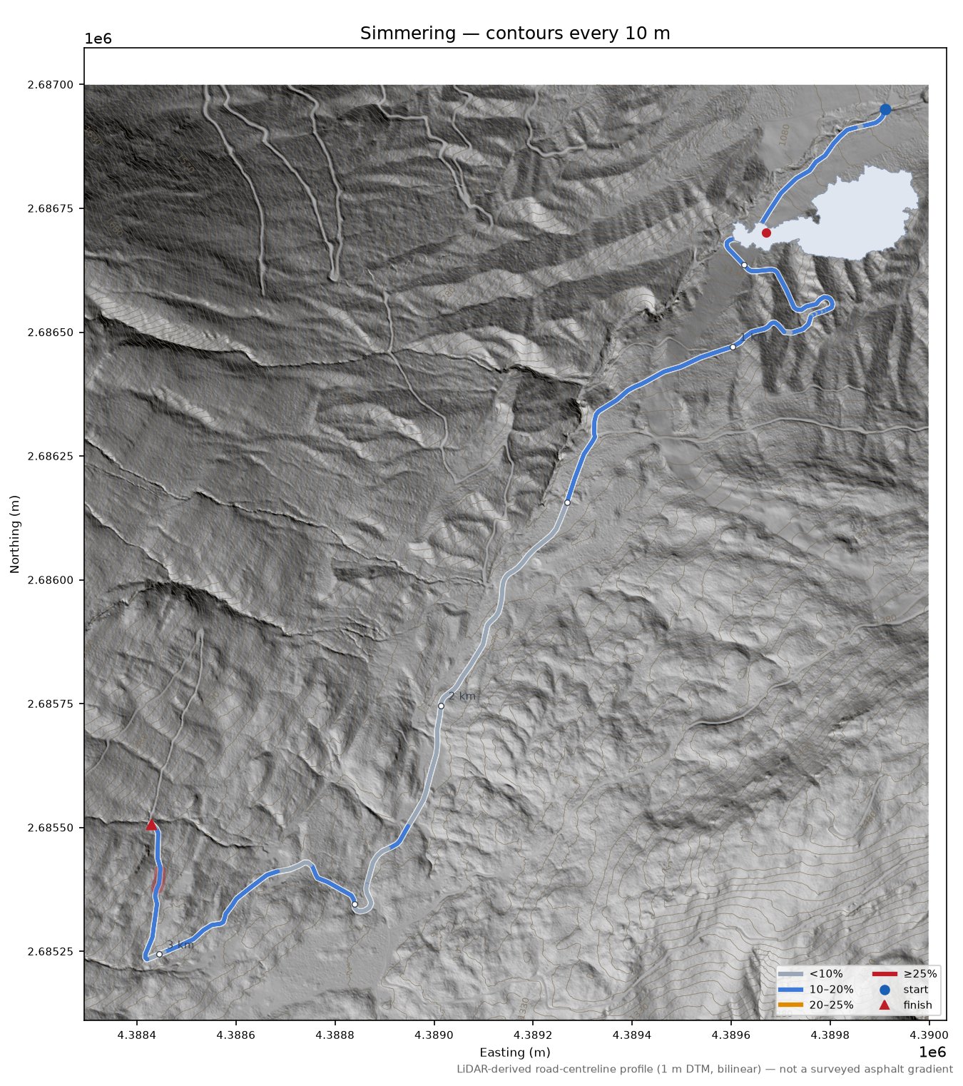 Simmering LiDAR hillshade map with contours