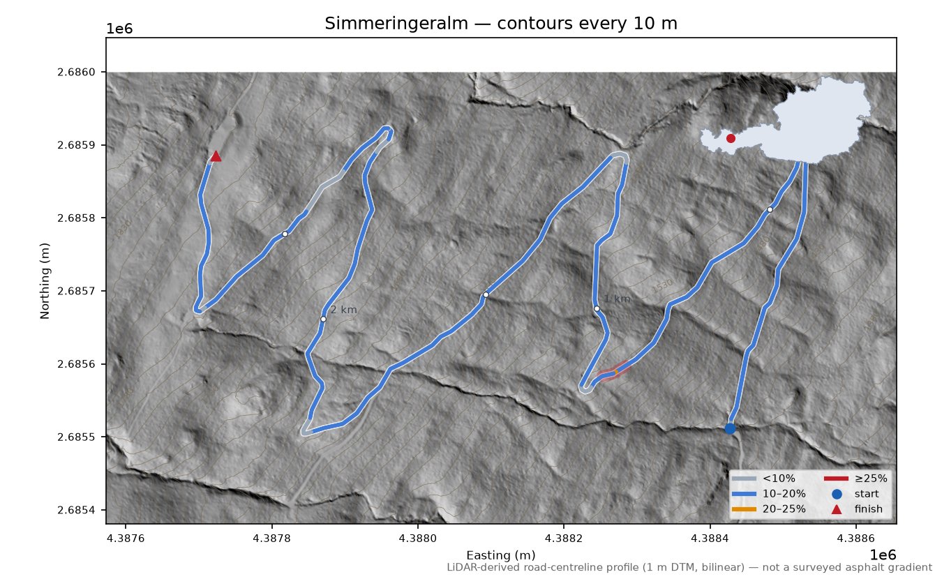 Simmeringeralm LiDAR hillshade map with contours