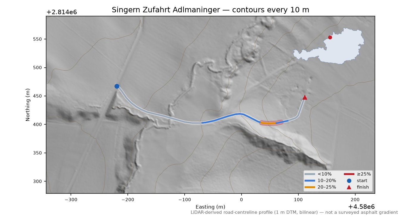 Singern Zufahrt Adlmaninger LiDAR hillshade map with contours