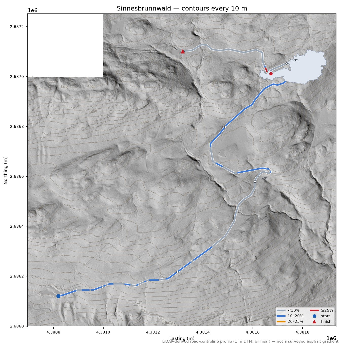 Sinnesbrunnwald LiDAR hillshade map with contours