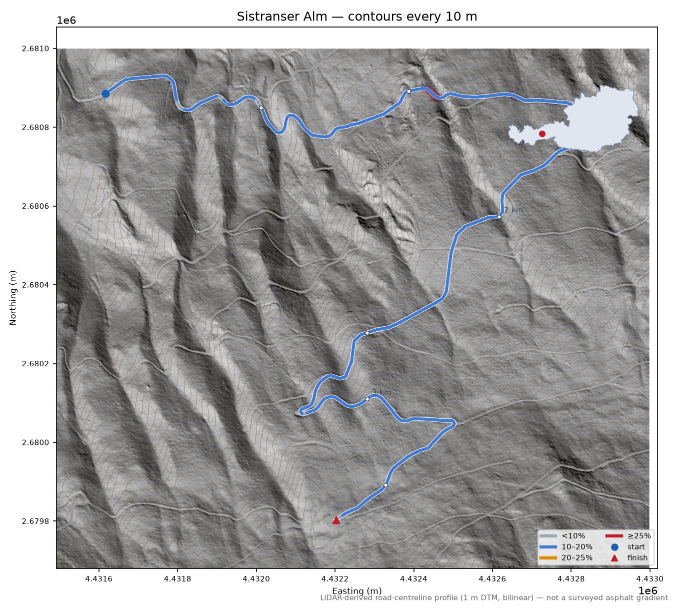 Sistranser Alm LiDAR hillshade map with contours