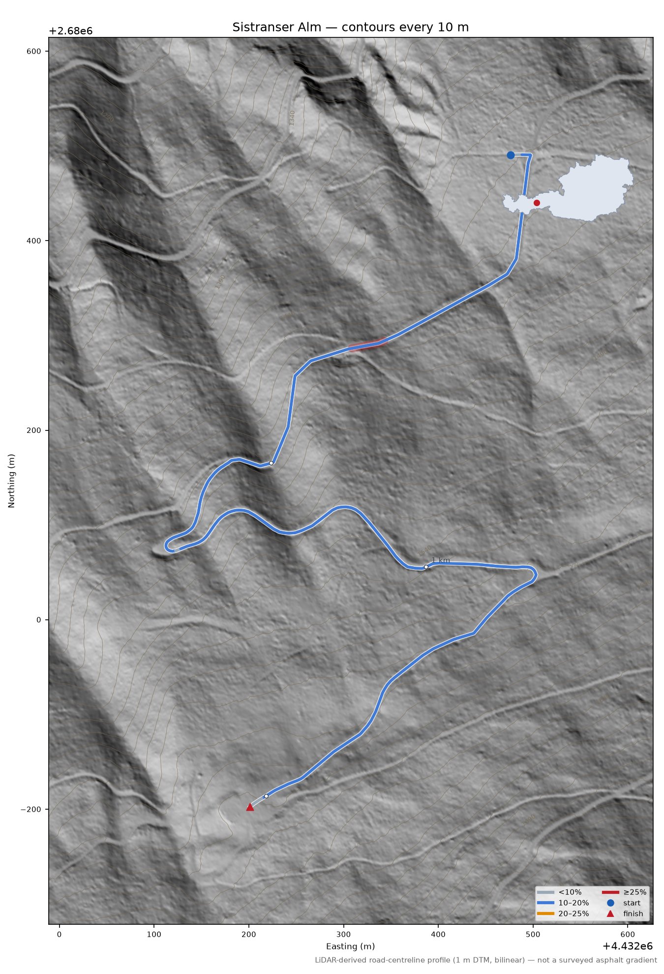 Sistranser Alm LiDAR hillshade map with contours