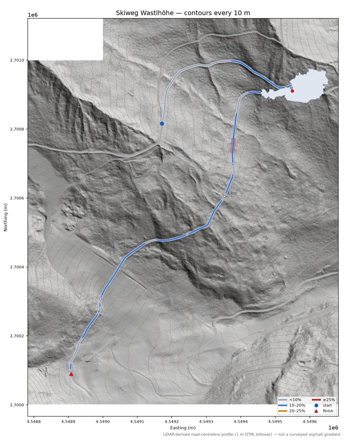 Skiweg Wastlhöhe LiDAR hillshade map with contours