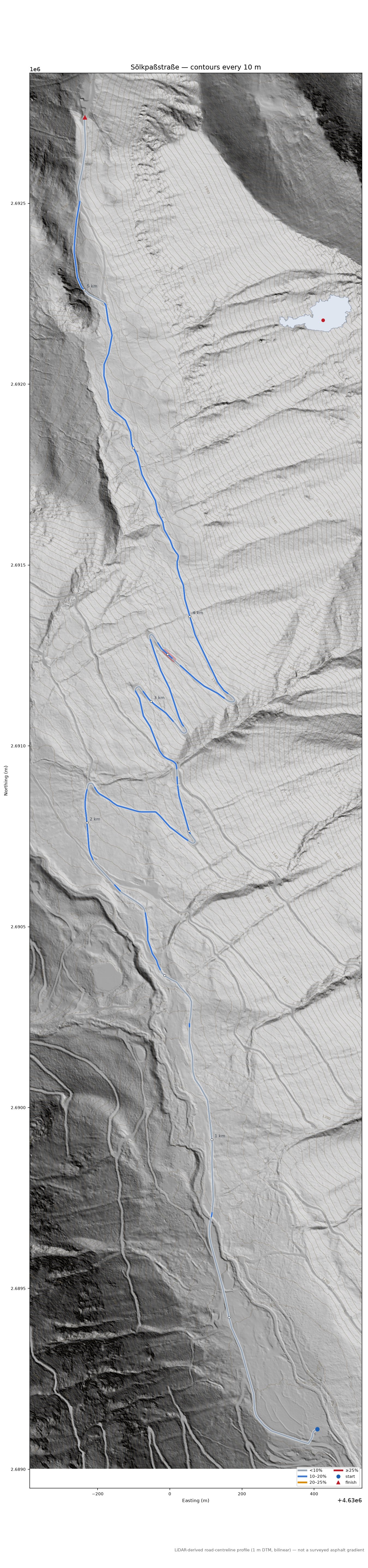 Sölkpaßstraße LiDAR hillshade map with contours