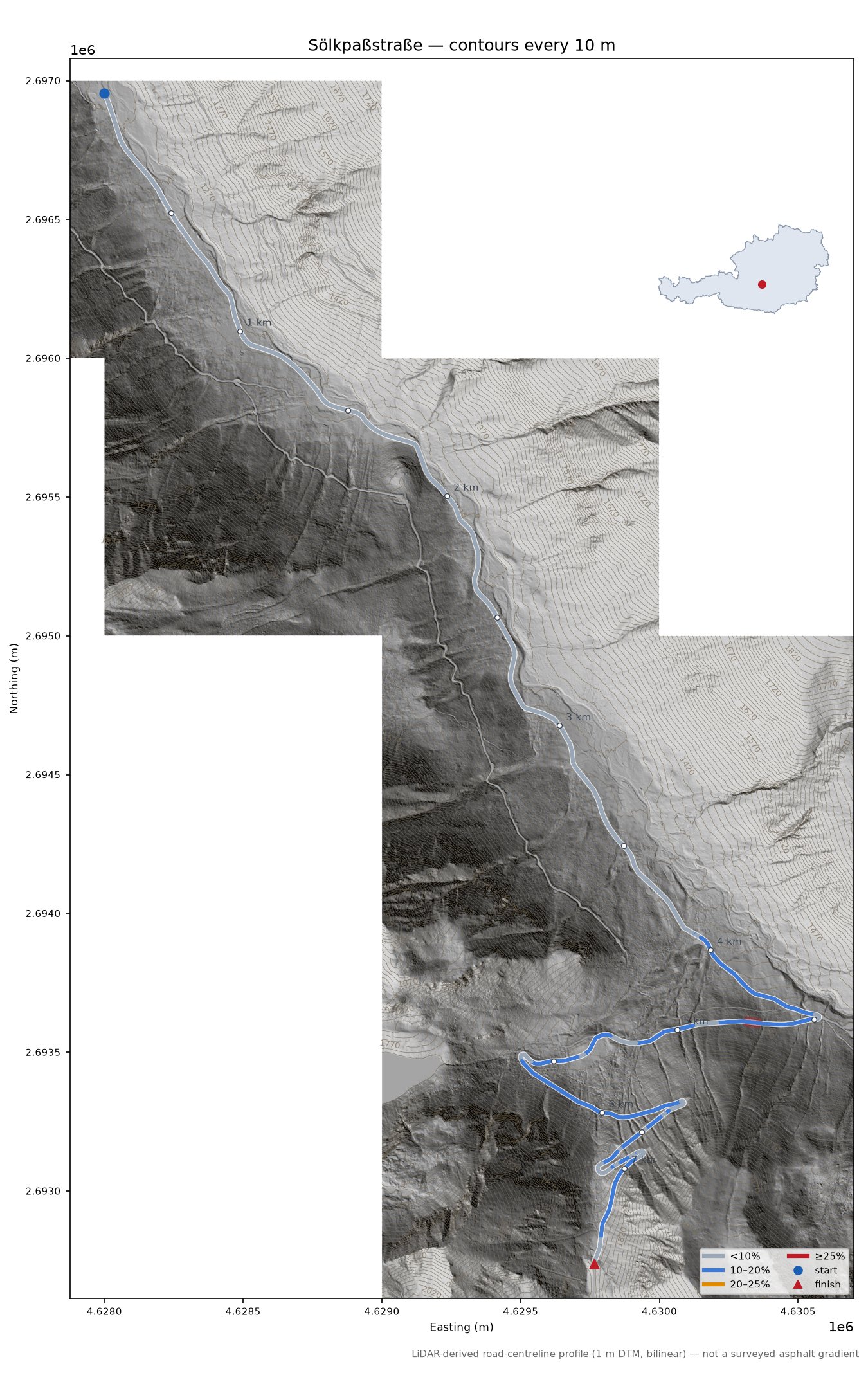 Sölkpaßstraße LiDAR hillshade map with contours