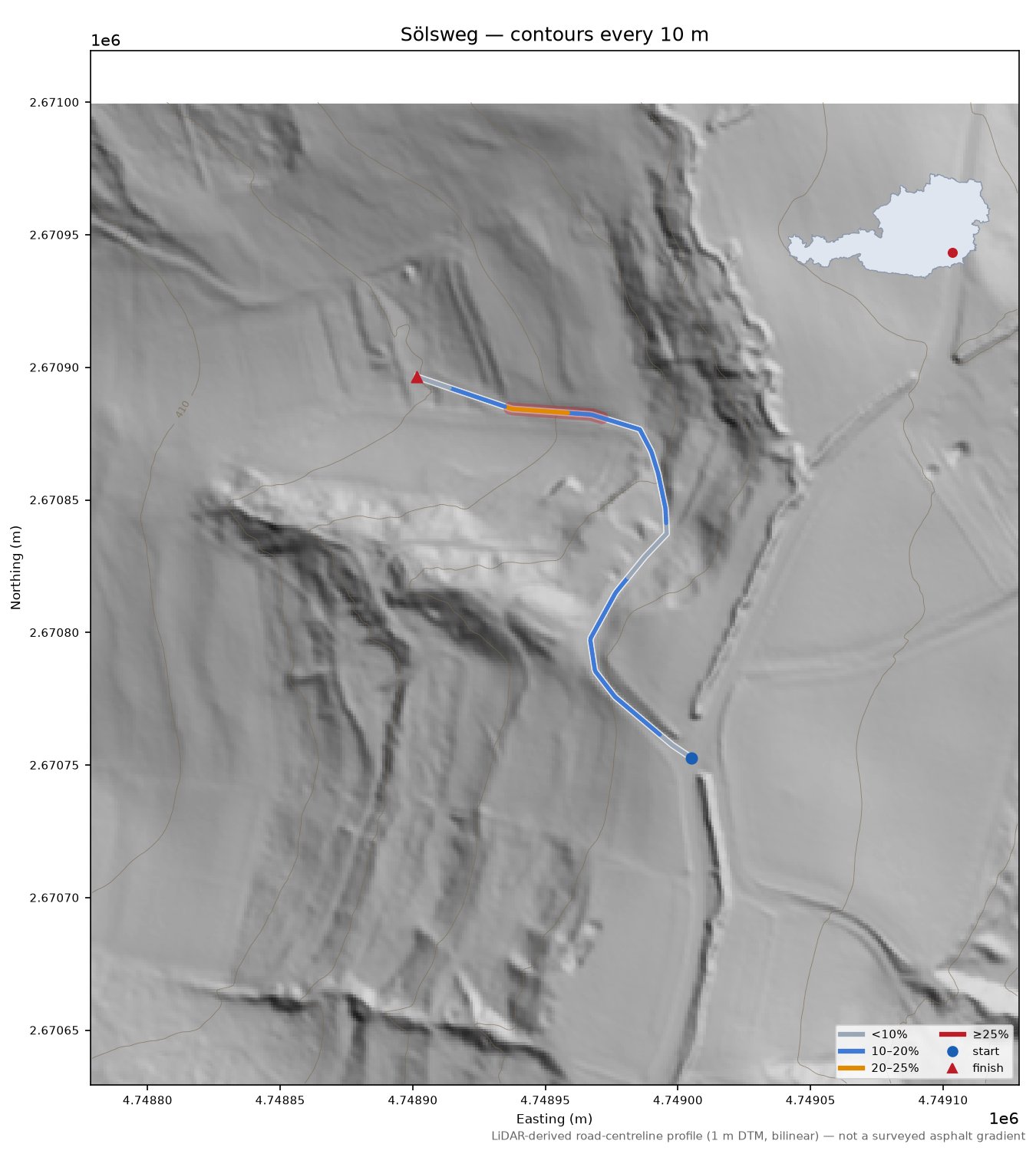 Sölsweg LiDAR hillshade map with contours