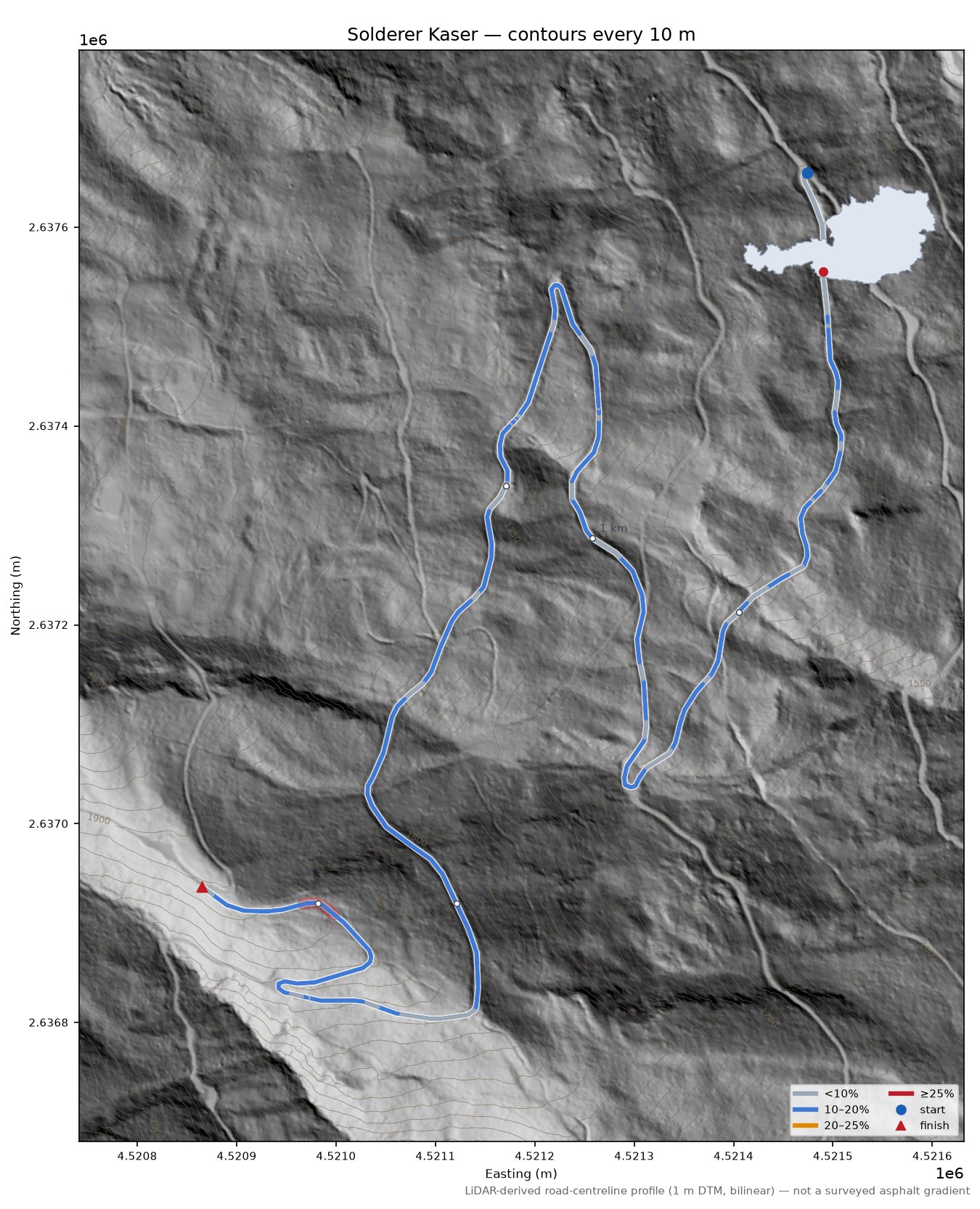 Solderer Kaser LiDAR hillshade map with contours