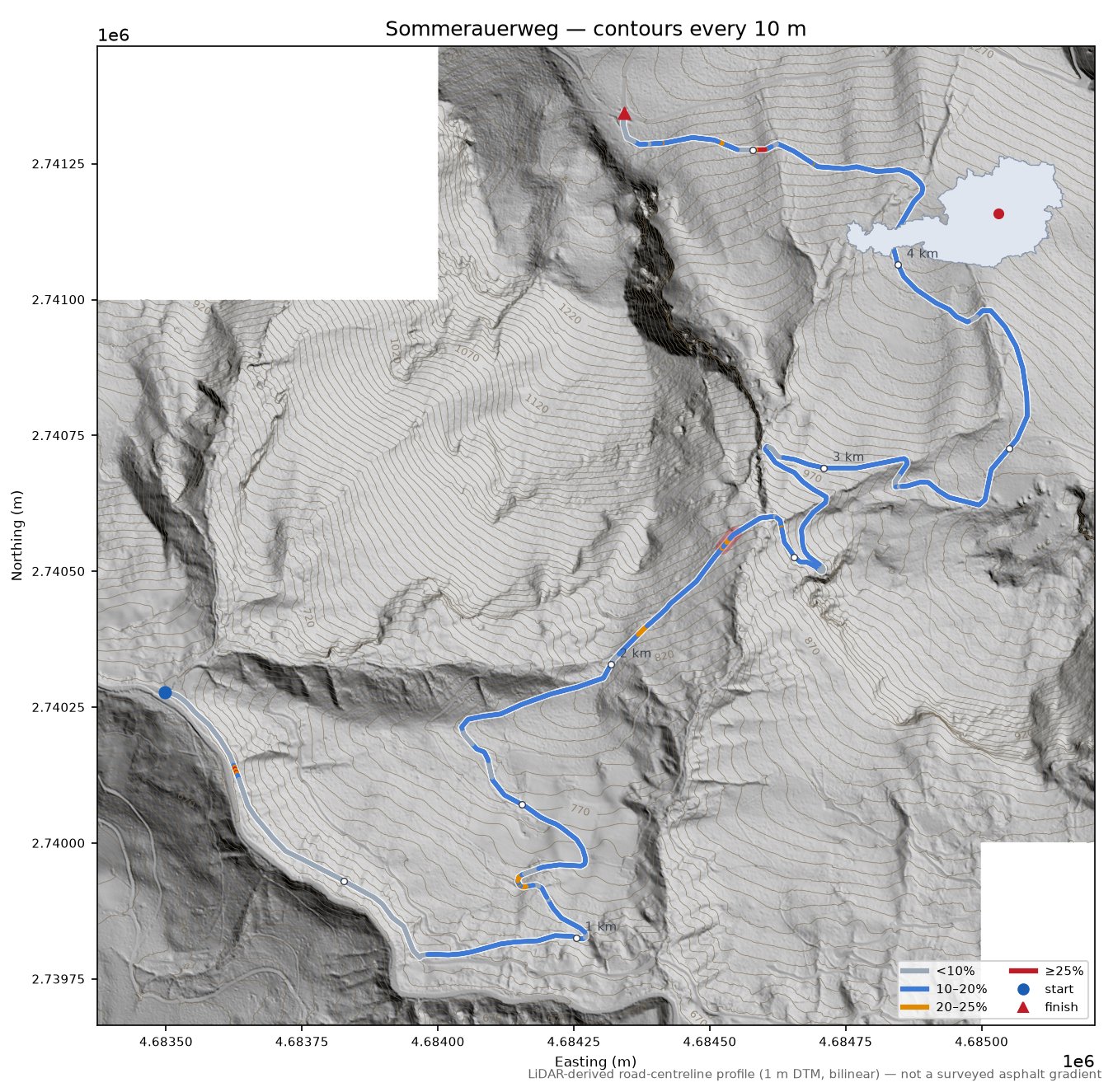 Sommerauerweg LiDAR hillshade map with contours