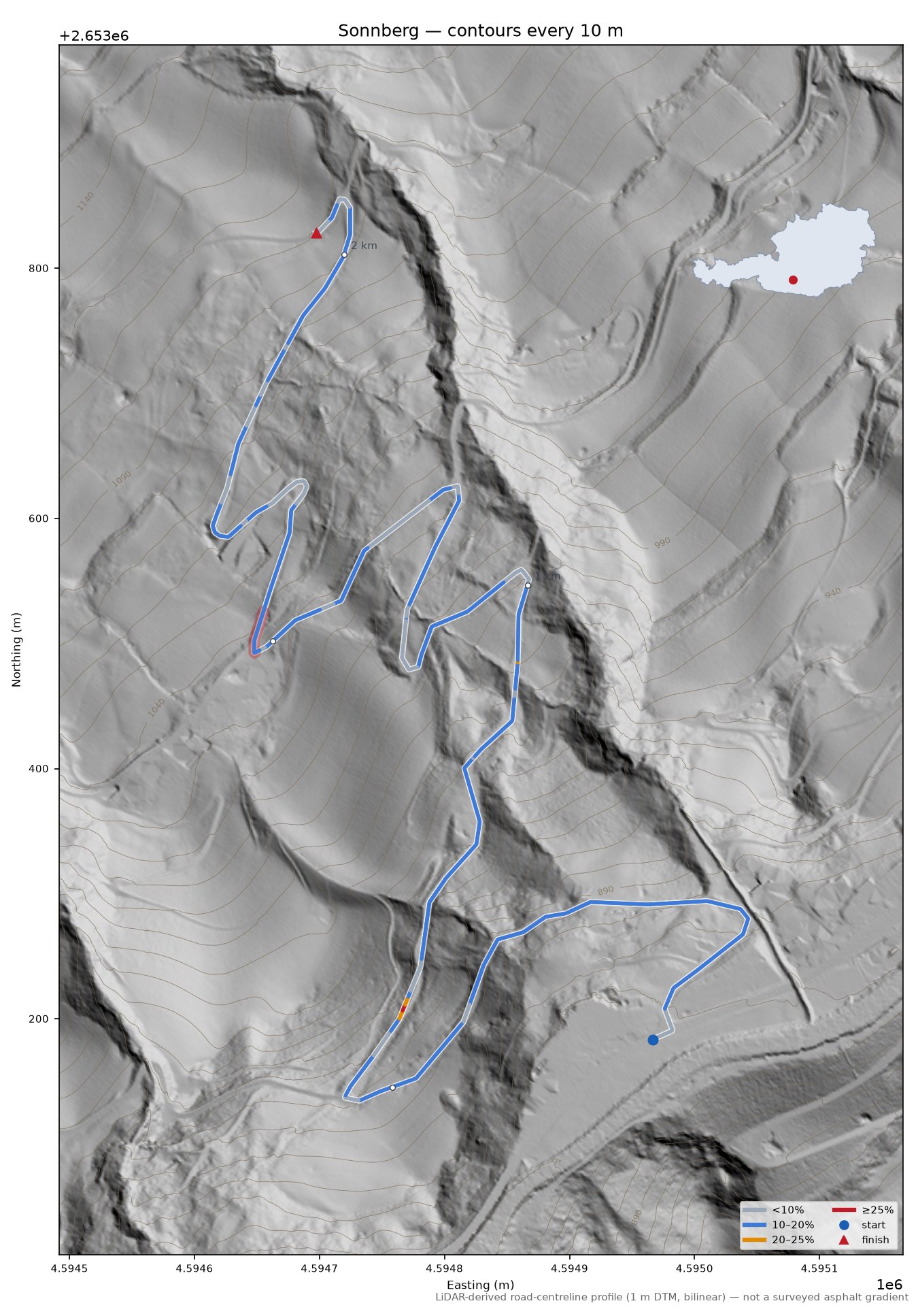Sonnberg LiDAR hillshade map with contours