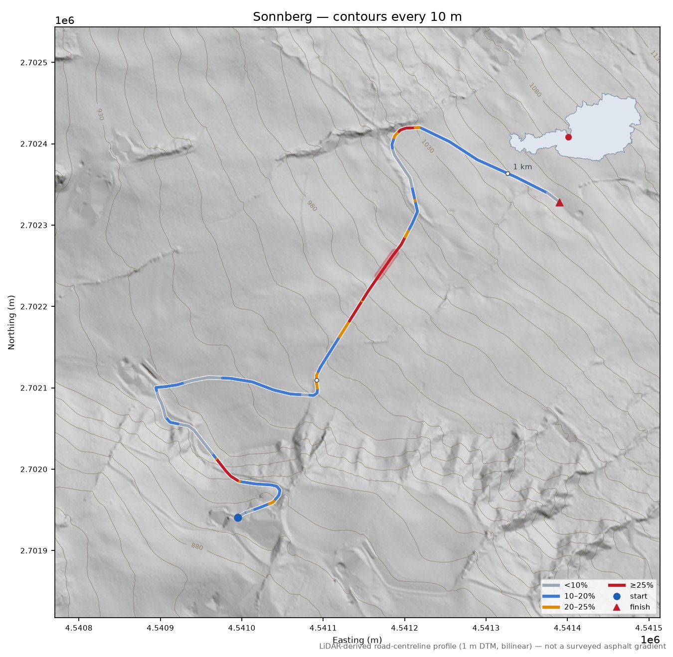 Sonnberg LiDAR hillshade map with contours