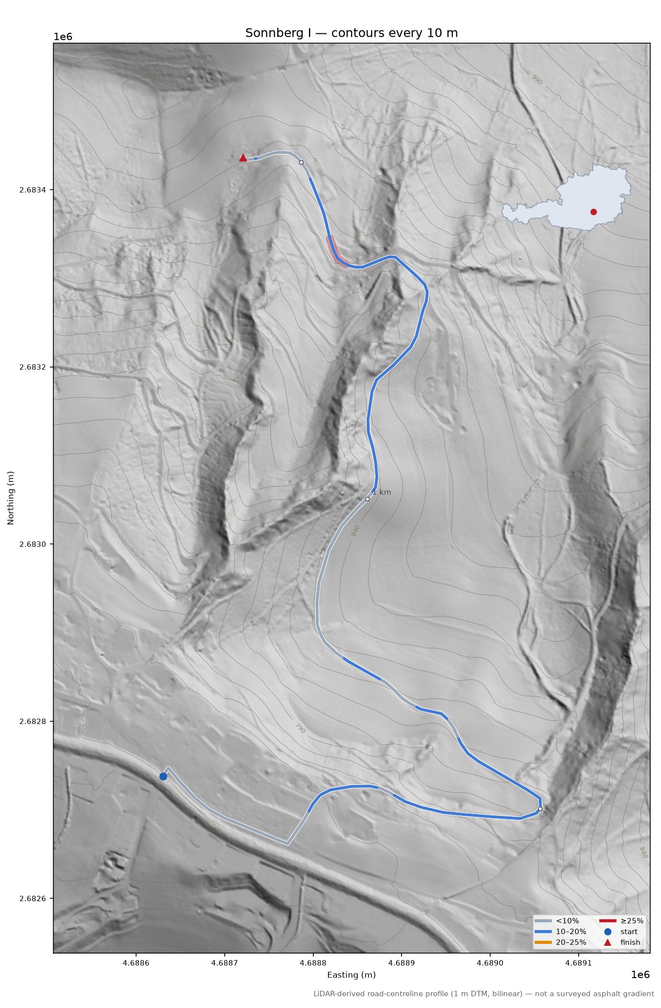Sonnberg I LiDAR hillshade map with contours