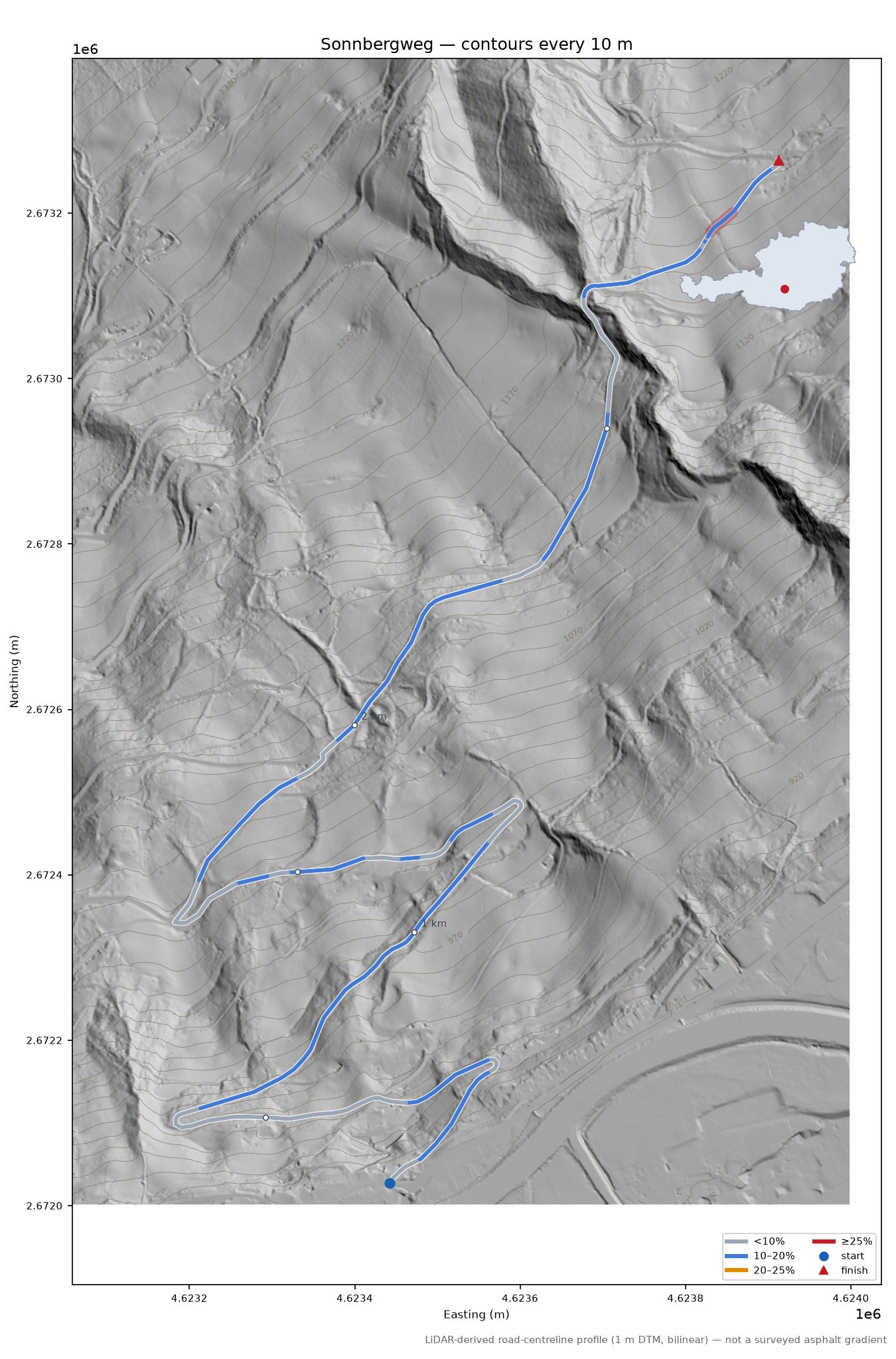 Sonnbergweg LiDAR hillshade map with contours