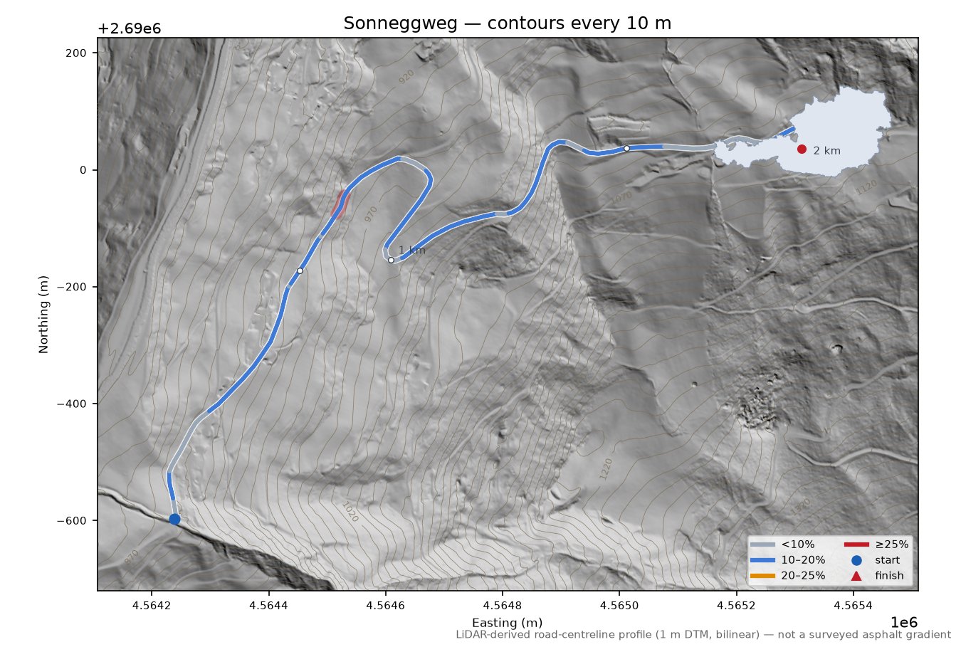 Sonneggweg LiDAR hillshade map with contours