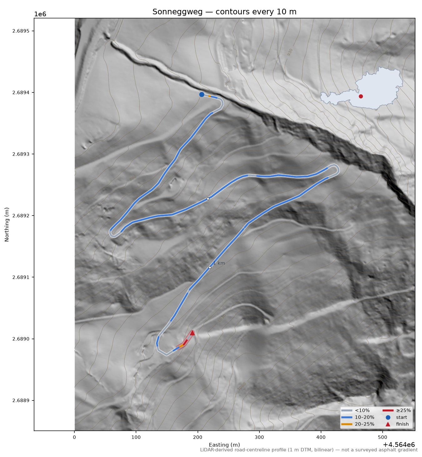 Sonneggweg LiDAR hillshade map with contours