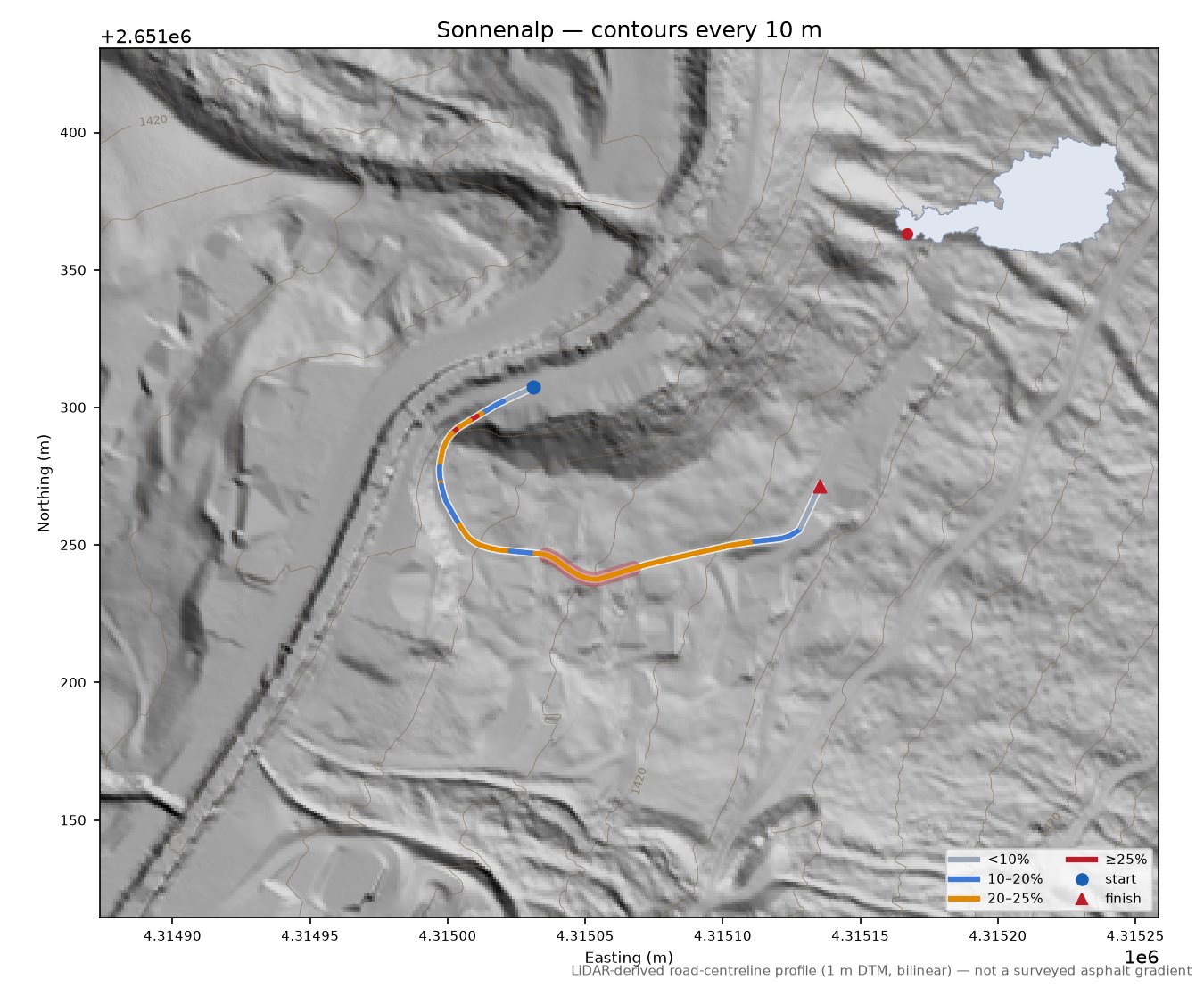 Sonnenalp LiDAR hillshade map with contours