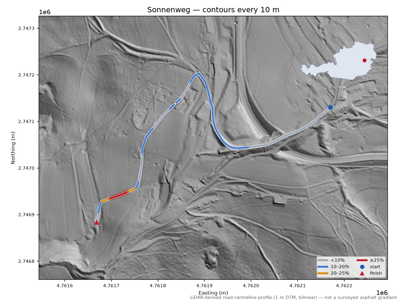 Sonnenweg LiDAR hillshade map with contours