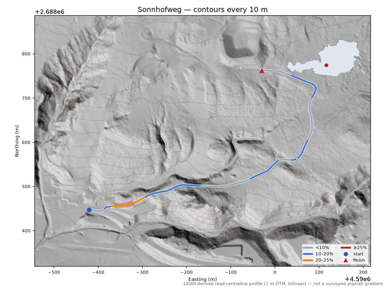 Sonnhofweg LiDAR hillshade map with contours