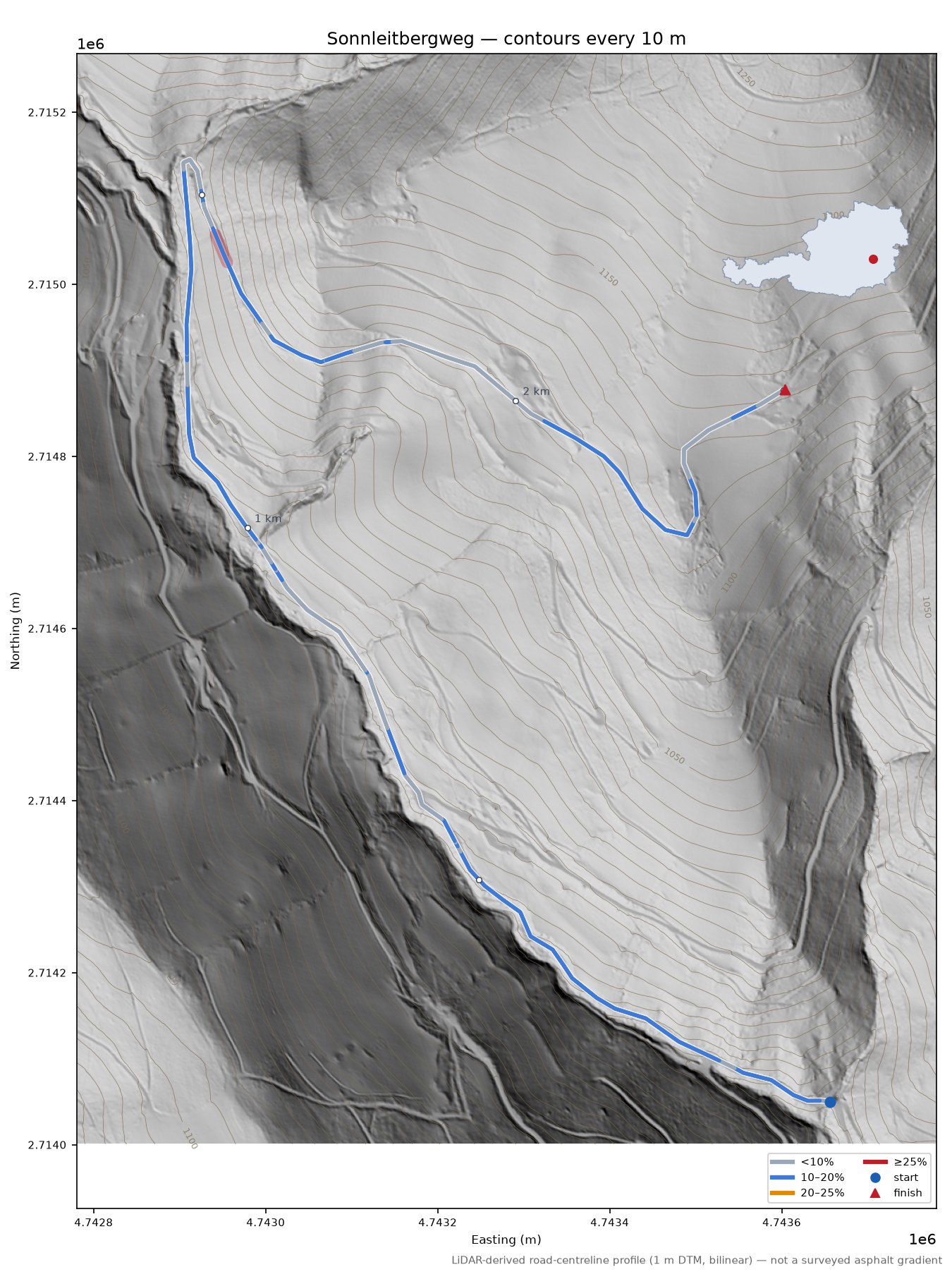Sonnleitbergweg LiDAR hillshade map with contours