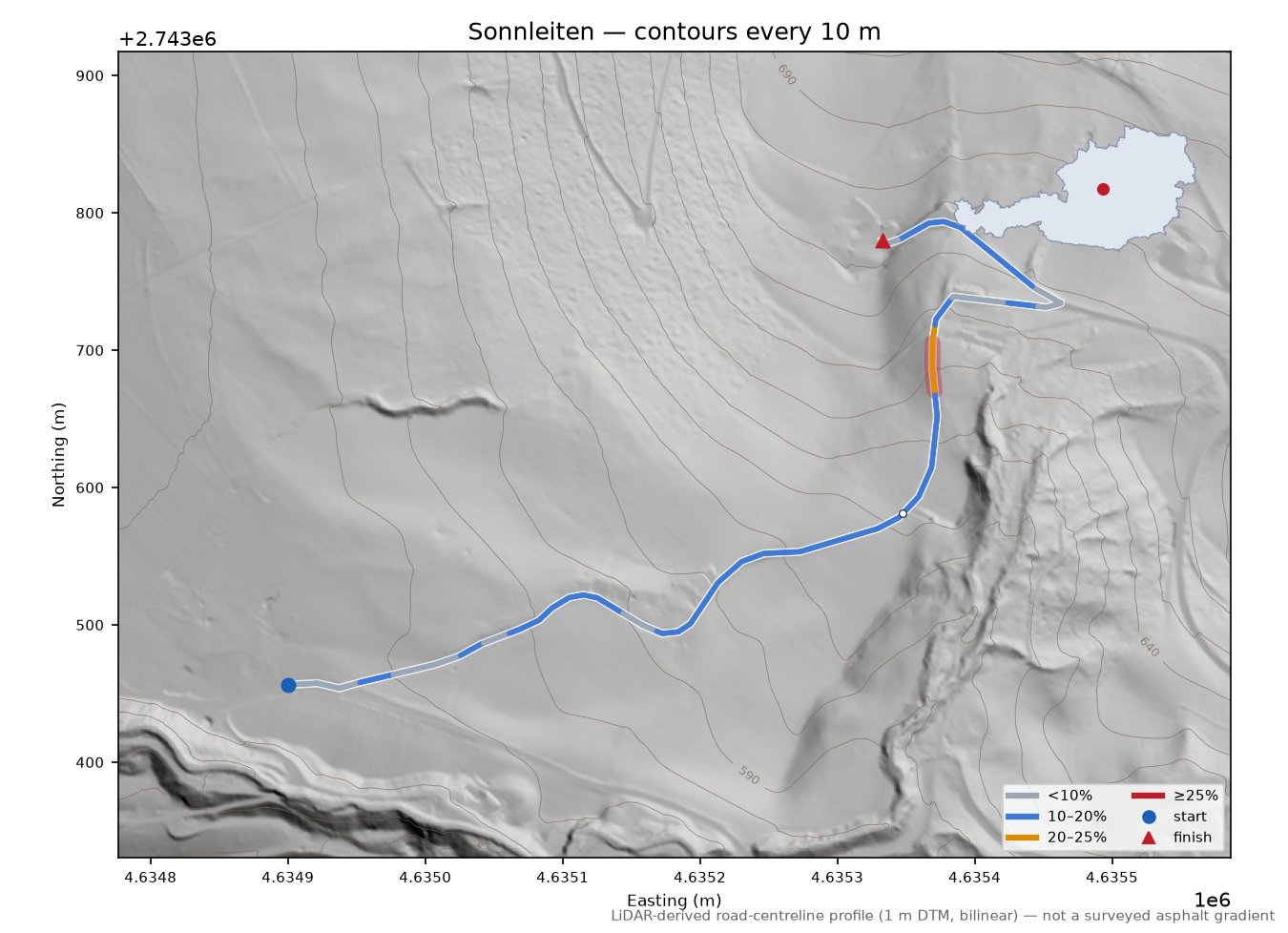 Sonnleiten LiDAR hillshade map with contours