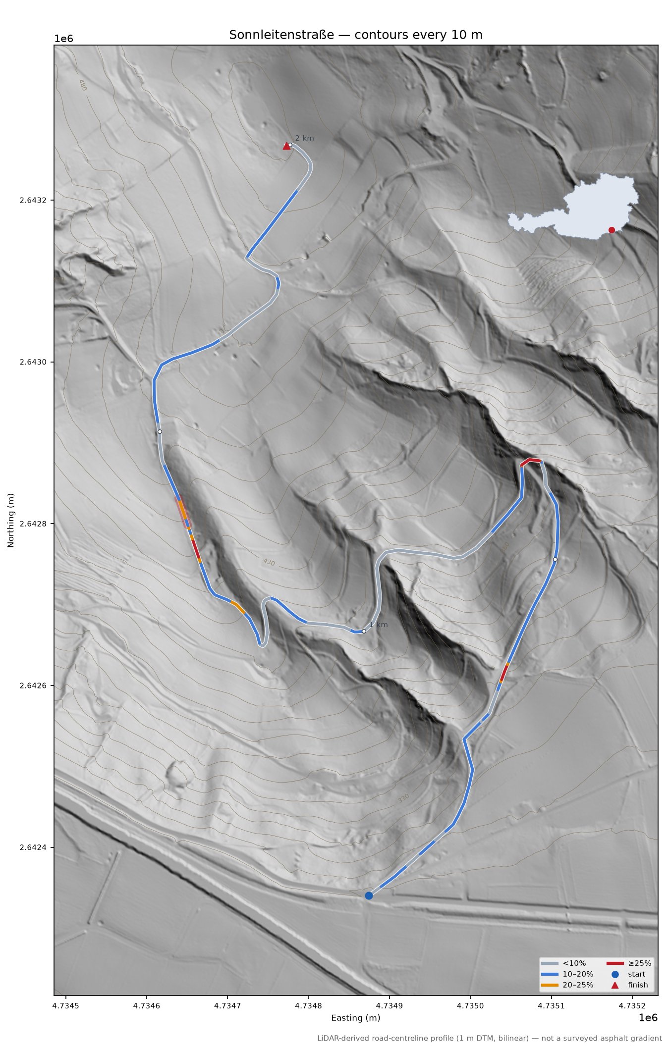 Sonnleitenstraße LiDAR hillshade map with contours