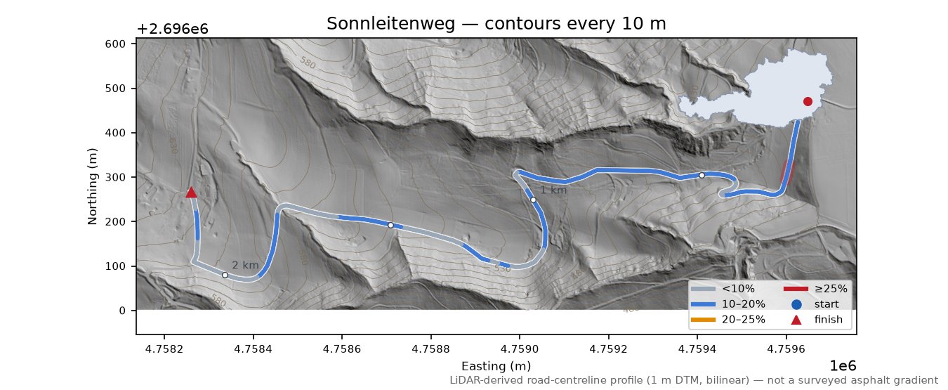 Sonnleitenweg LiDAR hillshade map with contours