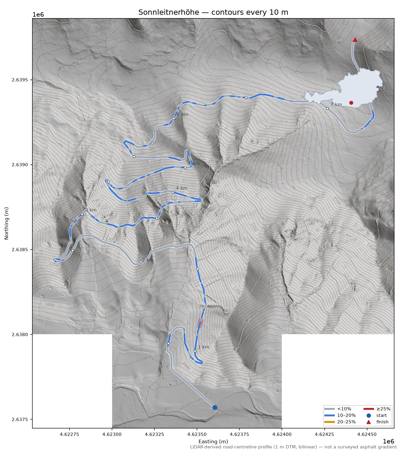 Sonnleitnerhöhe LiDAR hillshade map with contours