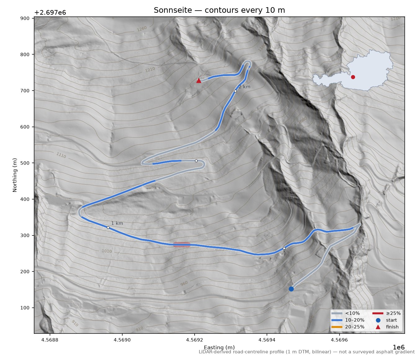 Sonnseite LiDAR hillshade map with contours