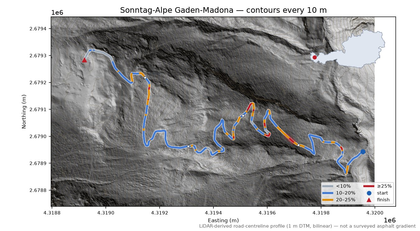 Sonntag-Alpe Gaden-Madona LiDAR hillshade map with contours