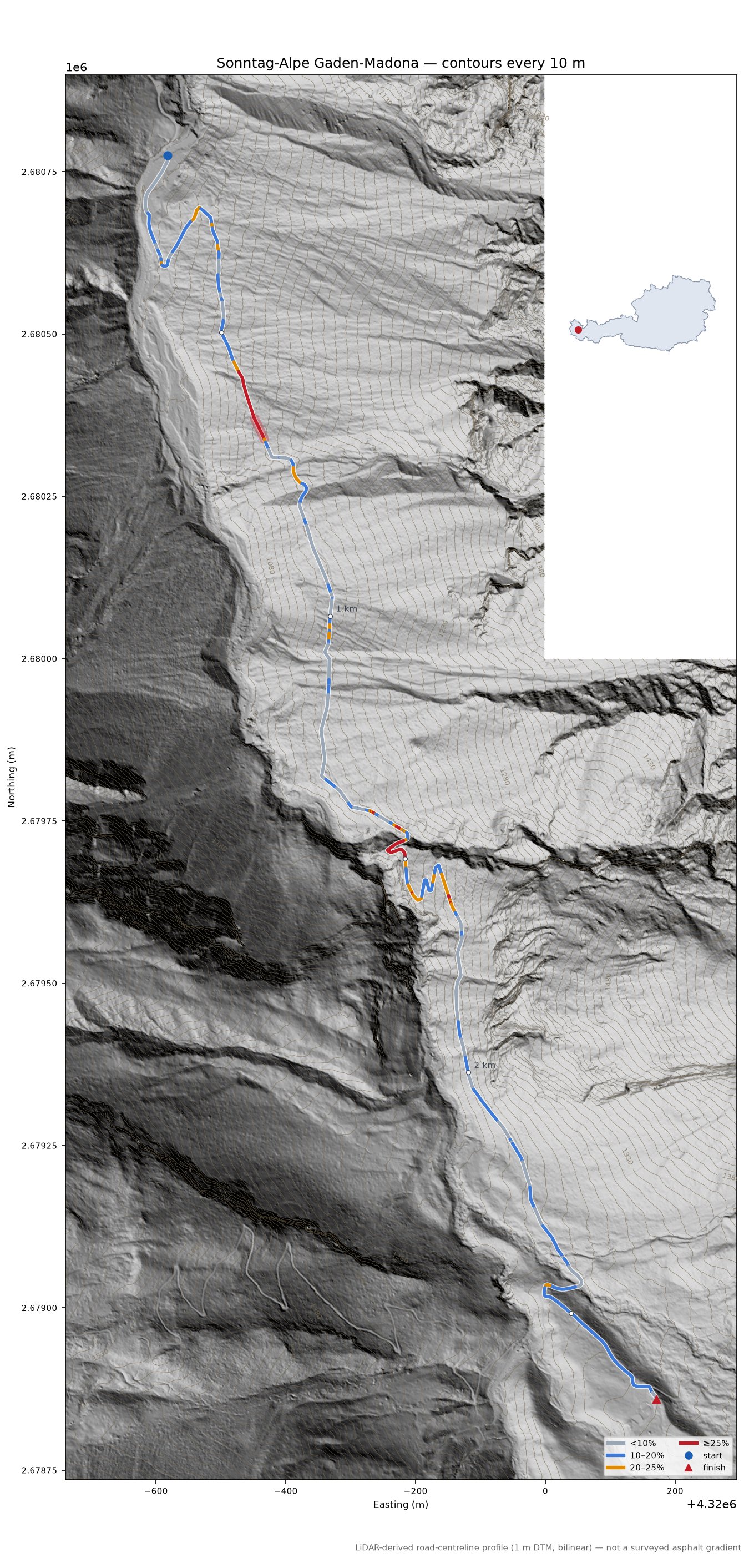 Sonntag-Alpe Gaden-Madona LiDAR hillshade map with contours