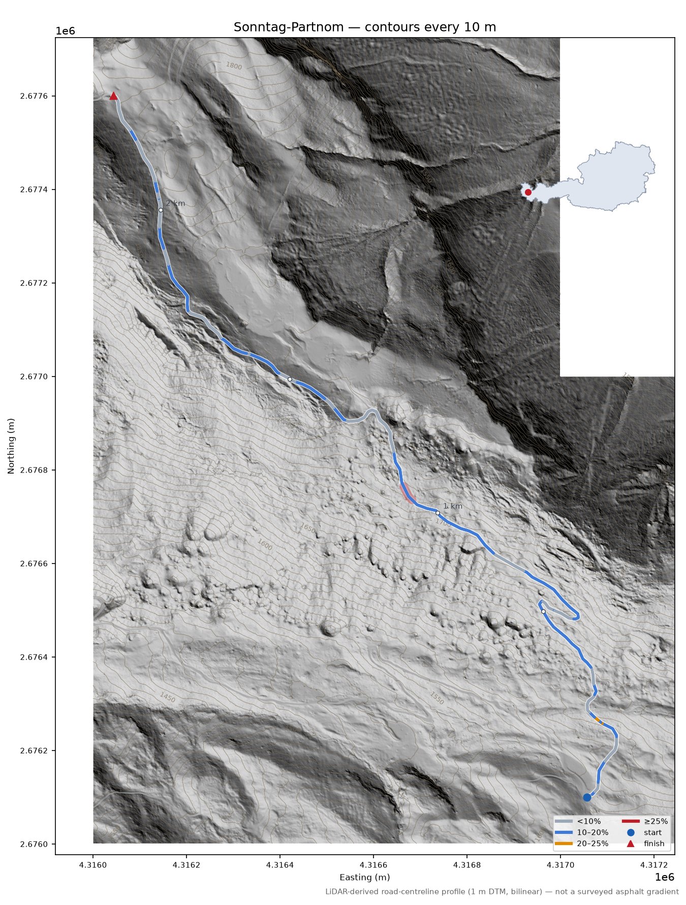 Sonntag-Partnom LiDAR hillshade map with contours