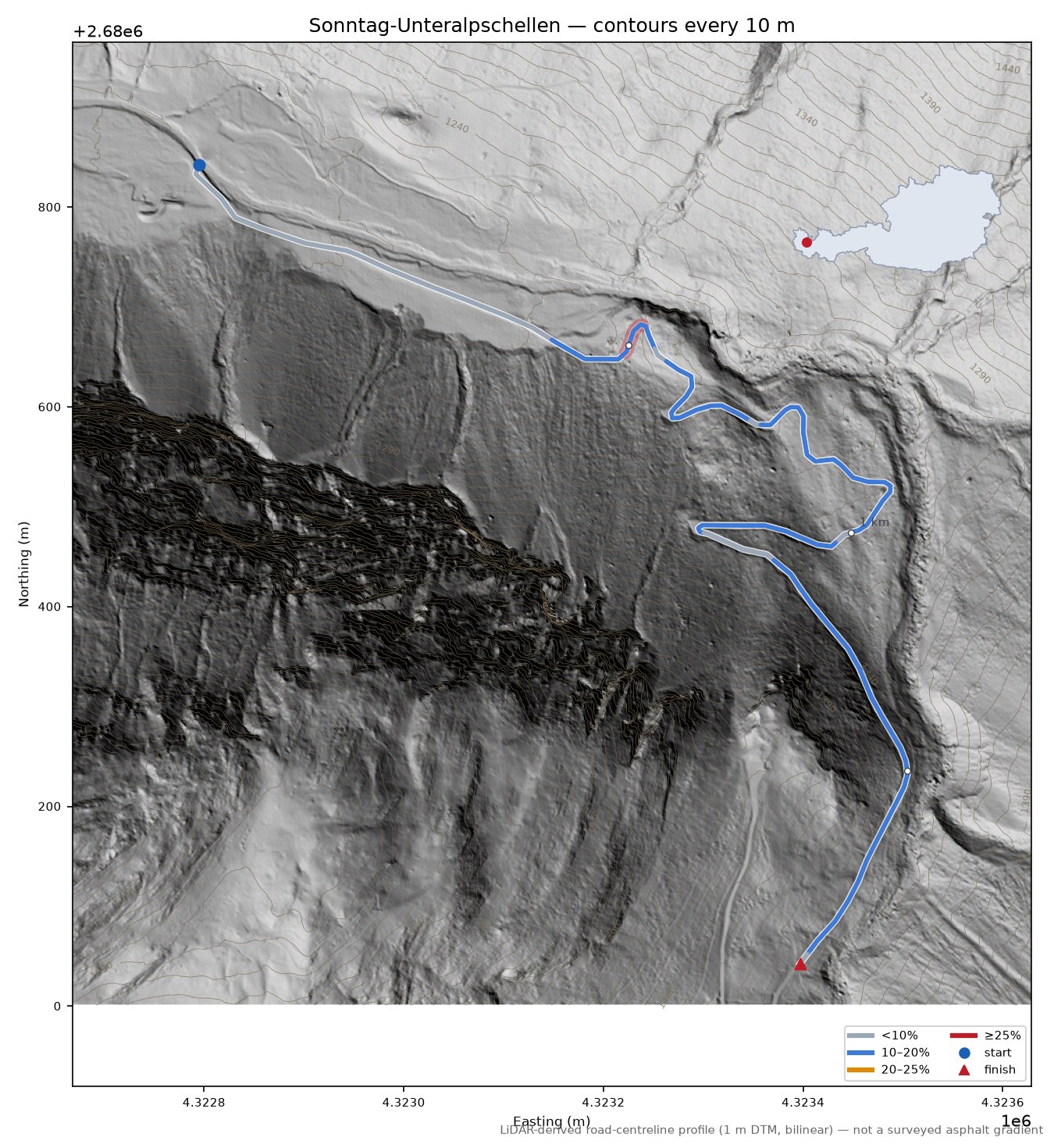 Sonntag-Unteralpschellen LiDAR hillshade map with contours