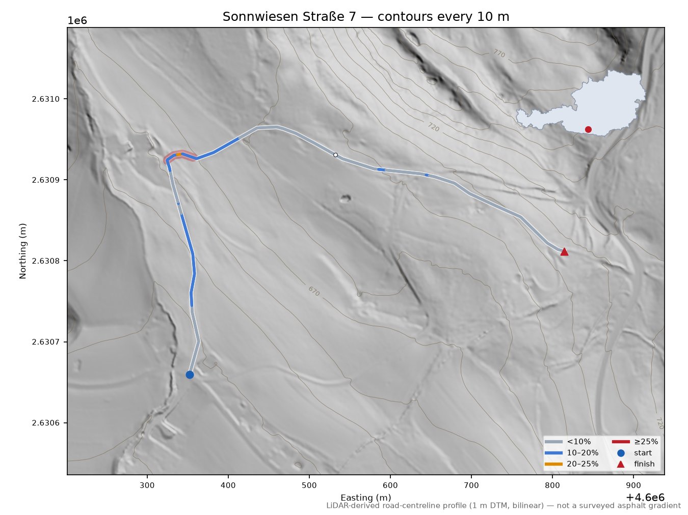 Sonnwiesen Straße 7 LiDAR hillshade map with contours