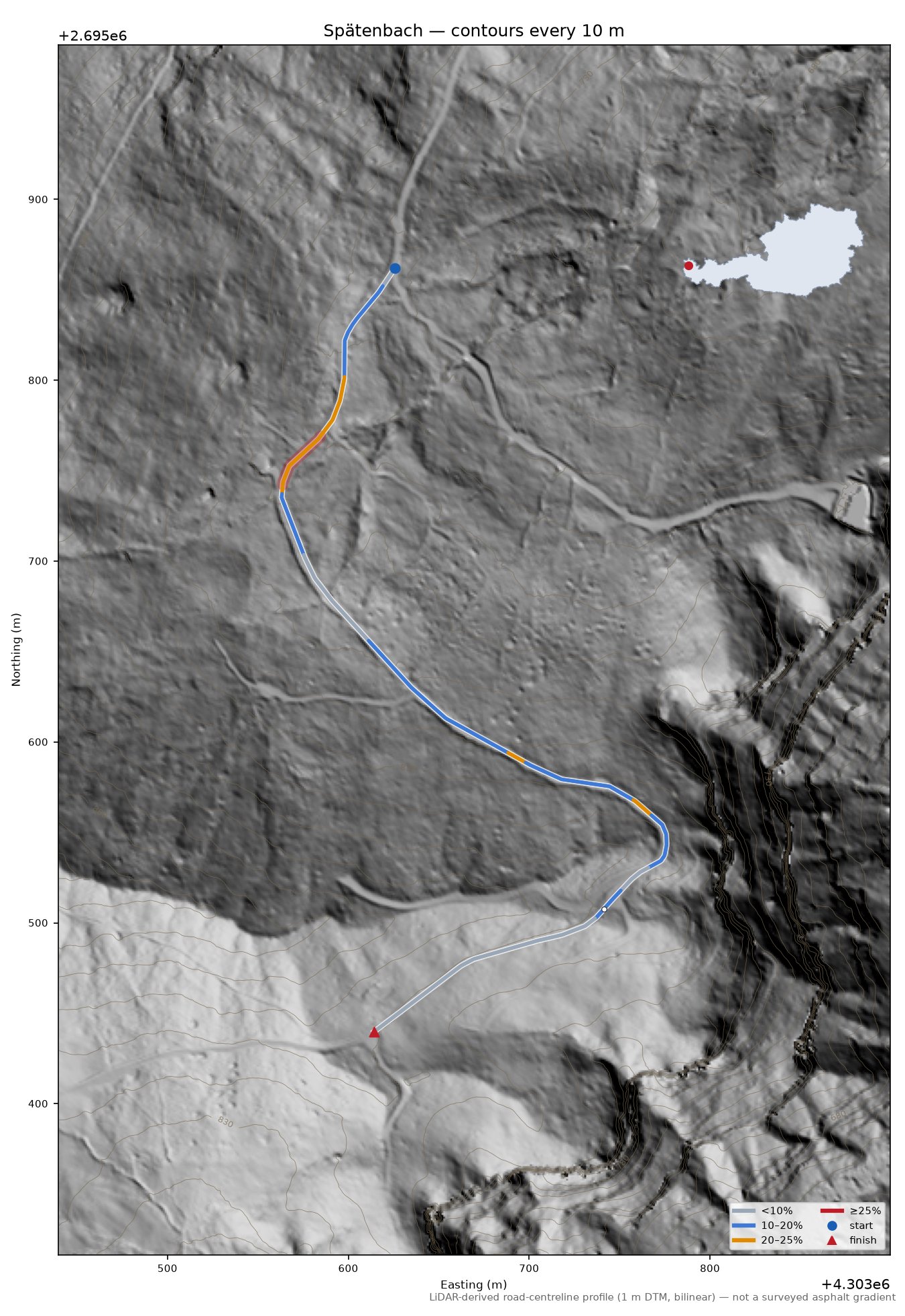 Spätenbach LiDAR hillshade map with contours