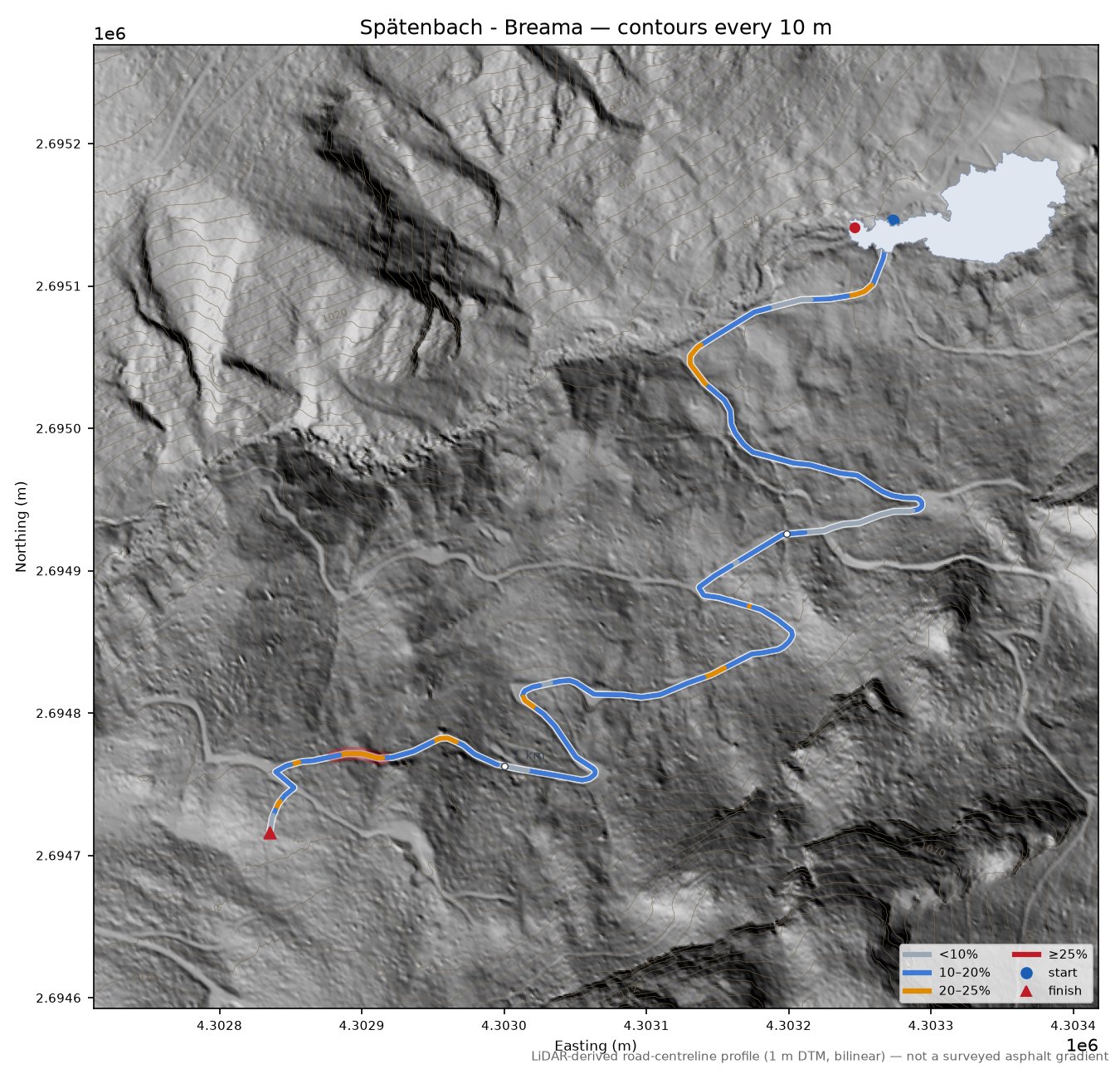 Spätenbach - Breama LiDAR hillshade map with contours